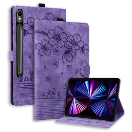 Bescherm-Etui Hoes Map voor Samsung Galaxy Tab S10 FE PLUS - 13.1 - Bloemen en Kat -  Paars