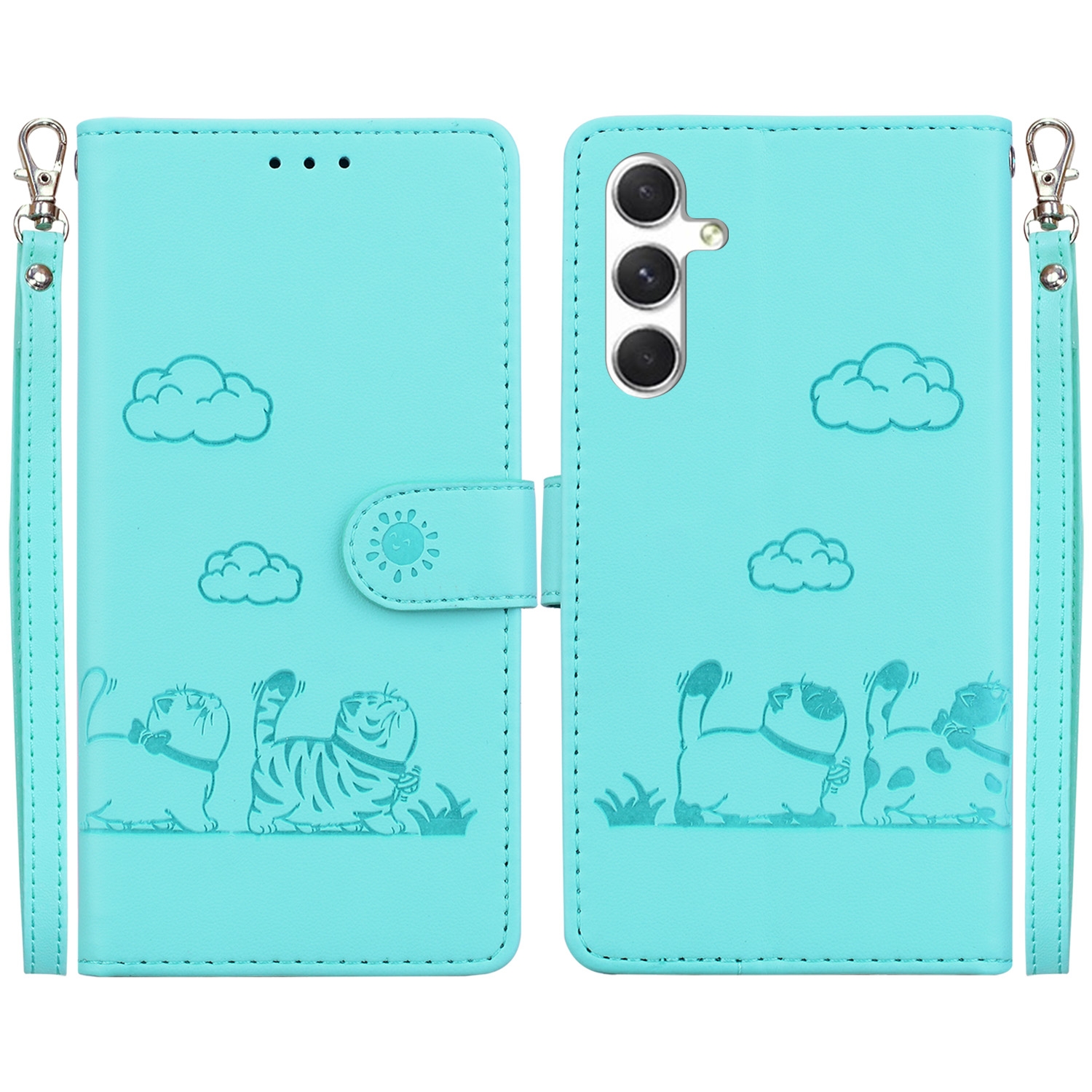 BookCover Hoes Etui voor Samsung Galaxy S24 - S25  -  Mint-Groen  - Cartoon Cats   - Kat - Reliëf