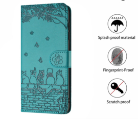 BookCover Hoes Etui voor Samsung Galaxy A06  -  Turquoise  - Katten op muurtje - Reliëf