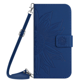 Hoes - Etui - Tas voor Samsung Galaxy S24  -  S25   Met Schouder - Draagkoord -  Blauw  -  Zonnebloem Reliëf