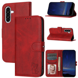 Luxe BookCover Hoes Etui voor Samsung Galaxy A16 - A26  -  Rood  - Kat  - Reliëf
