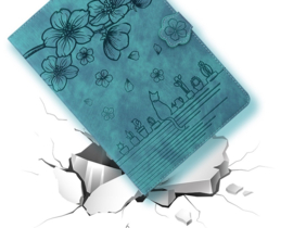 Luxe Bescherm-Etui Hoes Map voor Samsung Galaxy Tab A9 Plus - 11 -    Bloemen en Kat -  Groen