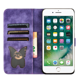 BookCover Etui Hoes voor iPhone SE - iPhone 7 - iPhone 8   -  Paars - Vlinders en Kat - Reliëf