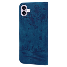 BookCover Hoes Etui voor iPhone 16  -  Blauw  - Bloemen Kat - Reliëf