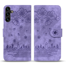 BookCover Hoes Etui voor Samsung Galaxy S24 FE  -  Paars - Bloemen Kat - Reliëf