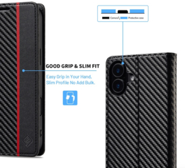 Luxe BookCover Hoes Etui voor iPhone 16  -  Zwart-Rood-Carbon
