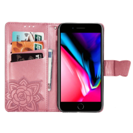 Boek-Cover Hoes Etui voor iPhone SE  - iPhone 7 - 8 -   Roze    -   Vlinder Relief