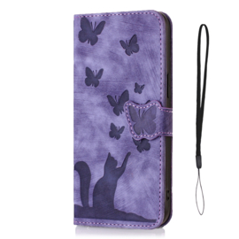 BookCover Etui Hoes voor iPhone 15  -  Paars - Vlinders en Kat - Reliëf
