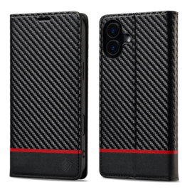 Luxe BookCover Hoes Etui voor iPhone 16  -  Zwart-Rood-Carbon - V2