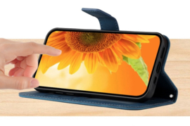 Hoes - Etui - Tas voor Samsung Galaxy A35 - A55  - Met Schouder - Draagkoord -  Blauw Zonnebloem Reliëf
