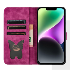 BookCover Etui Hoes voor iPhone 15  -  Roze  - Vlinders en Kat - Reliëf