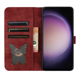 BookCover Etui Hoes voor Samsung Galaxy S24  - S25  -  Rood - Vlinders en Kat - Reliëf