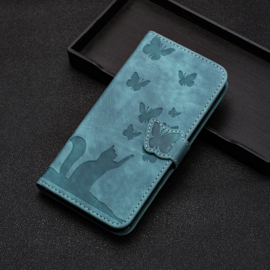 BookCover Hoes Etui voor Samsung Galaxy A55  -  Groen - Vlinders en Kat - Reliëf