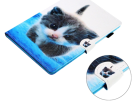 Luxe Bescherm-Etui Hoes Map voor iPad Mini 6 - Mini 7   -    Cute Cat  -  Blauw - Wit