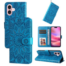 BookCover Hoes Etui voor iPhone 16  -  Blauw  - Bloem-Motief in Reliëf