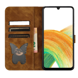 BookCover Hoes Etui voor Samsung Galaxy A37 - A36 - A56 -  Vlinders en Kat  - Bruin  - Reliëf