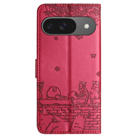 BookCover Hoes Etui voor Google Pixel 9 - 9 PRO -   Rood  - Katten op muurtje - Reliëf