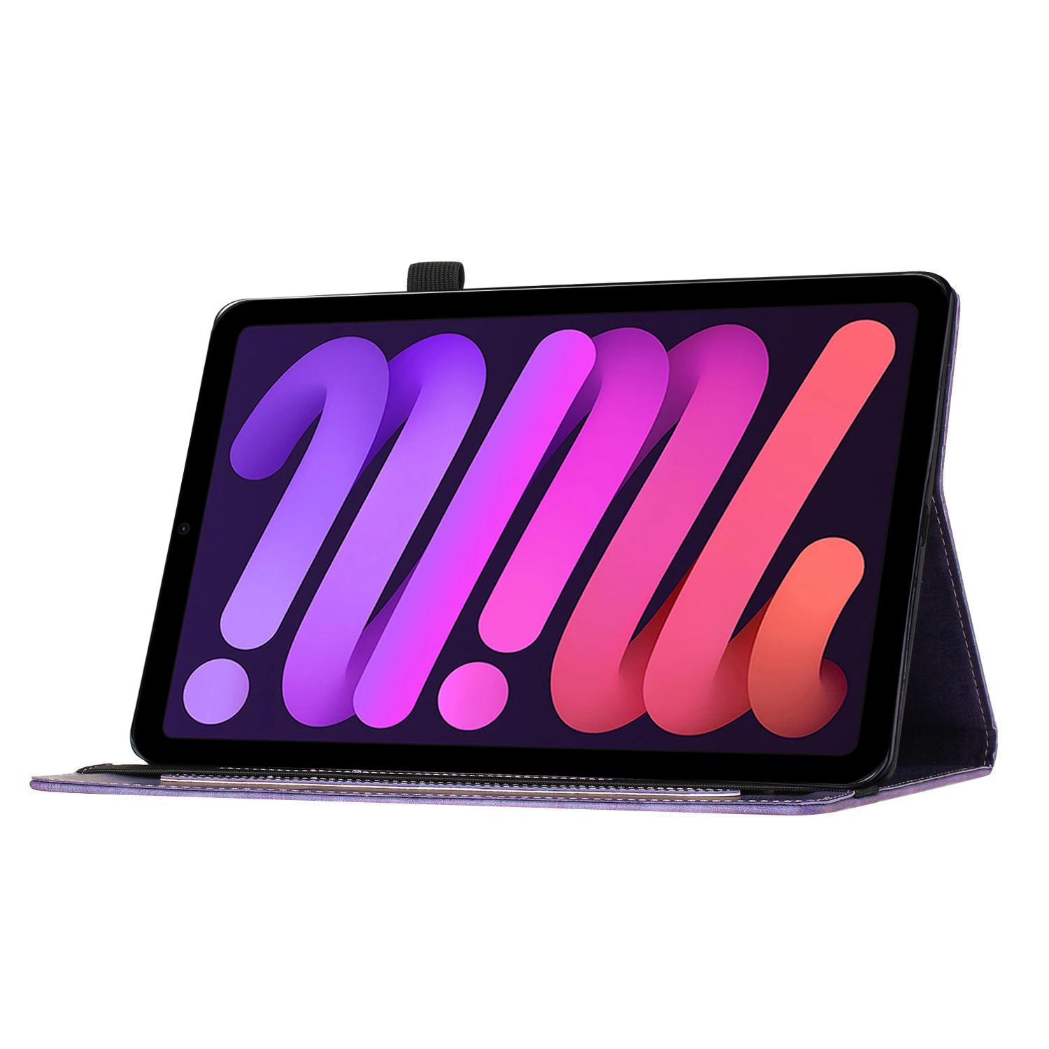Bescherm-Etui Hoes Map voor  Apple iPad Mini 6 - Mini 7 - Kat en Vlinders  -  Paars