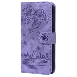 BookCover Hoes Etui voor Apple iPhone 16e  -  Paars - Bloemen Kat - Reliëf