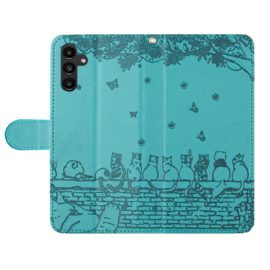BookCover Hoes Etui voor Samsung Galaxy S24 FE  -  Turquoise  - Katten op muurtje - Reliëf