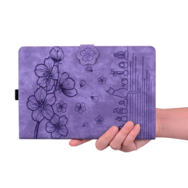 Bescherm-Etui Hoes Map voor Lenovo  M11 -  Bloemen en Kat - Paars