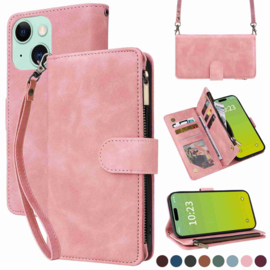 Portemonnee Etui Tas Hoes voor iPhone 15  - Met Schouder - Draagkoord -  Roze