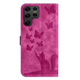 BookCover Etui Hoes voor Samsung Galaxy S25 Ultra  -   Vlinders en Kat - Reliëf  -  Roze