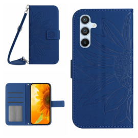 Hoes - Etui - Tas voor Samsung Galaxy S24  -  S25   Met Schouder - Draagkoord -  Blauw  -  Zonnebloem Reliëf