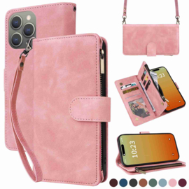 Portemonnee Etui Tas Hoes voor iPhone 15 Pro Max - Met Schouder - Draagkoord -  Roze