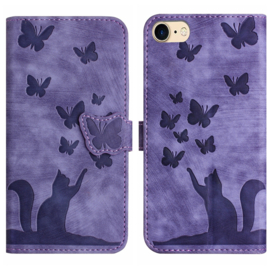 BookCover Etui Hoes voor iPhone SE - iPhone 7 - iPhone 8   -  Paars - Vlinders en Kat - Reliëf