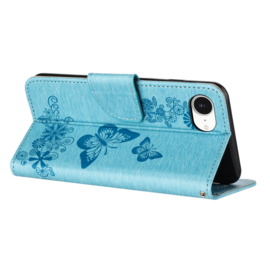 PU BookCover Hoes Etui voor Apple iPhone 16e  -  Vlinders - Blauw