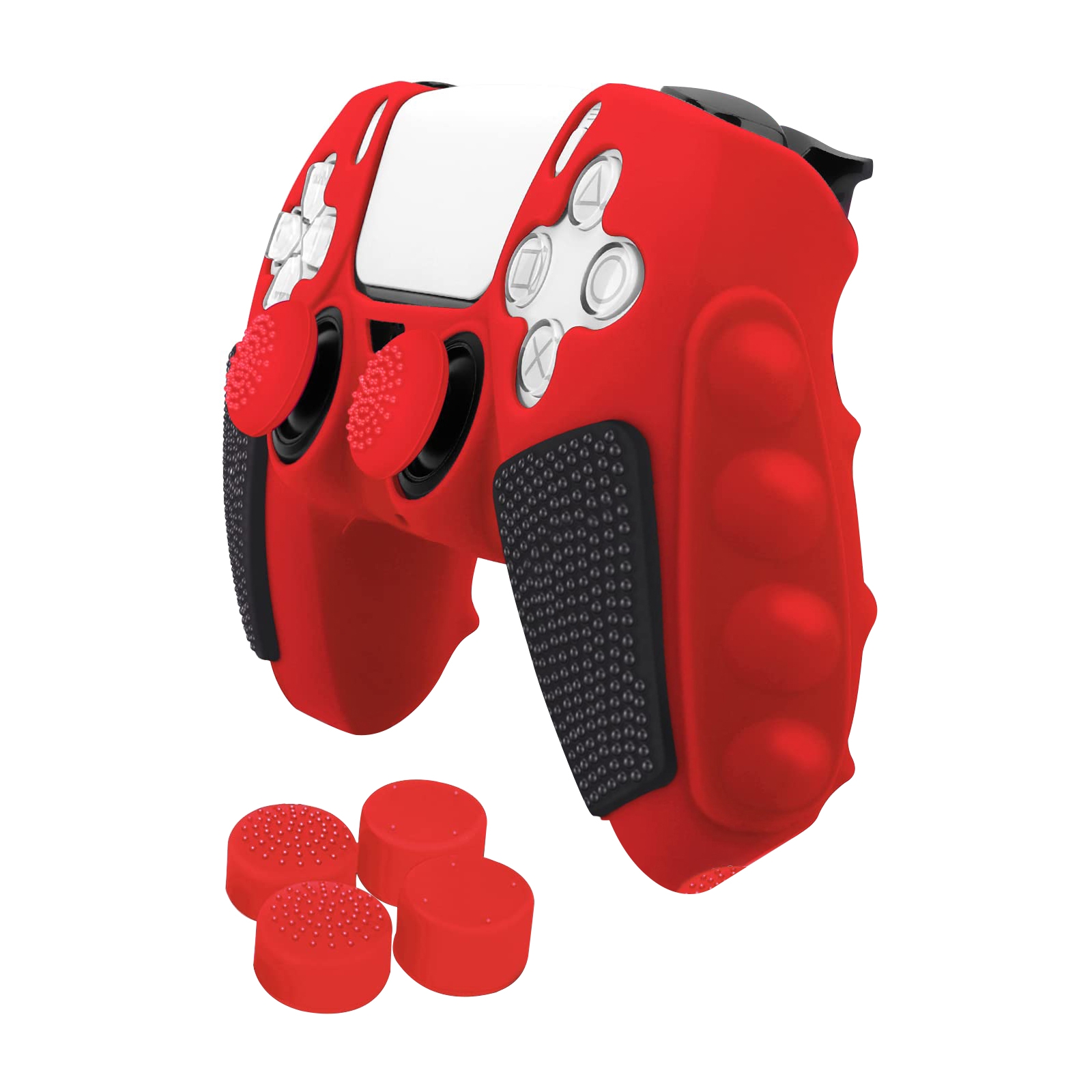 Grip Silicone Hoes / Skin met 4 Thumb Grips voor Playstation 5 PS5 DualSense Controller  -  Zwart - Rood  -   V3