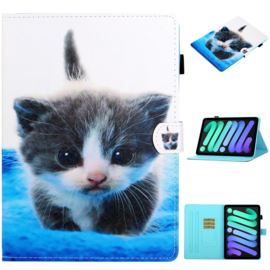 Luxe Bescherm-Etui Hoes Map voor iPad Mini 6 - Mini 7   -    Cute Cat  -  Blauw - Wit
