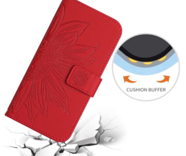 Hoes - Etui - Tas voor Samsung Galaxy S24 FE   Met Schouder - Draagkoord -  Rood -  Zonnebloem Reliëf