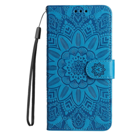 BookCover Hoes Etui voor iPhone 16  -  Blauw  - Bloem-Motief in Reliëf