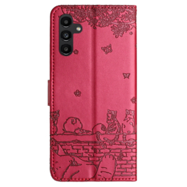 BookCover Hoes Etui voor Samsung Galaxy A35  -  Rood  - Katten op muurtje - Reliëf