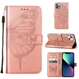 PU BookCover Hoes Etui voor iPhone 15   Roze-Goud    Vlinder - Bloem Motief