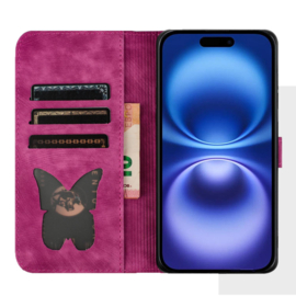 BookCover Hoes Etui voor Apple iPhone 17  -  Vlinders en Kat  - Roze  - Reliëf