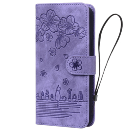 BookCover Hoes Etui voor Samsung Galaxy A36 - A56  -  Paars - Bloemen Kat - Reliëf
