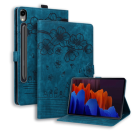 Luxe Bescherm-Etui Hoes Map voor Samsung Galaxy Tab S9 FE - S10 FE - 10.9 -    Bloemen en Kat -  Blauw