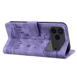 BookCover Hoes Etui voor Apple iPhone 17 PRO -  Paars - Bloemen Kat - Reliëf