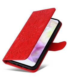 PU BoekCover Hoes Etui voor Samsung Galaxy A36 - A56   Rood   -  Bloem-Motief in Reliëf