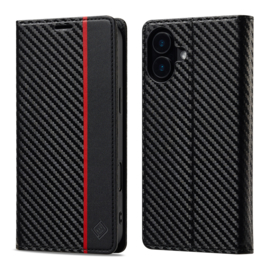 Luxe BookCover Hoes Etui voor iPhone 16  -  Zwart-Rood-Carbon