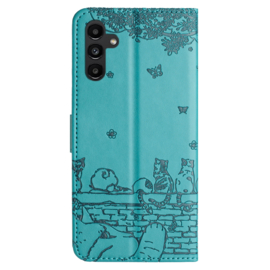 BookCover Hoes Etui voor Samsung Galaxy A55  -  Turquoise  - Katten op muurtje - Reliëf