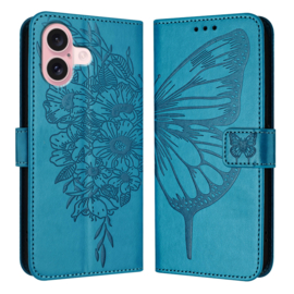 PU BookCover Hoes Etui voor iPhone 16  -  Turquoise -   Vlinder - Bloem Motief