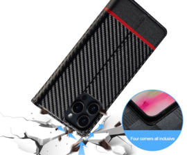 Luxe BookCover Hoes Etui voor iPhone 16 PRO  -  Zwart-Rood-Carbon - V2