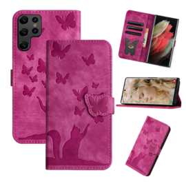 BookCover Etui Hoes voor Samsung Galaxy S25 Ultra  -   Vlinders en Kat - Reliëf  -  Roze