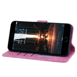 BookCover Hoes Etui voor Apple iPhone 16e  -  Roze - Bloemen Kat - Reliëf
