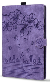 Luxe Bescherm-Etui Hoes Map voor Apple iPad 10 - A16 - 10.9 -       Bloemen en Kat -  Paars