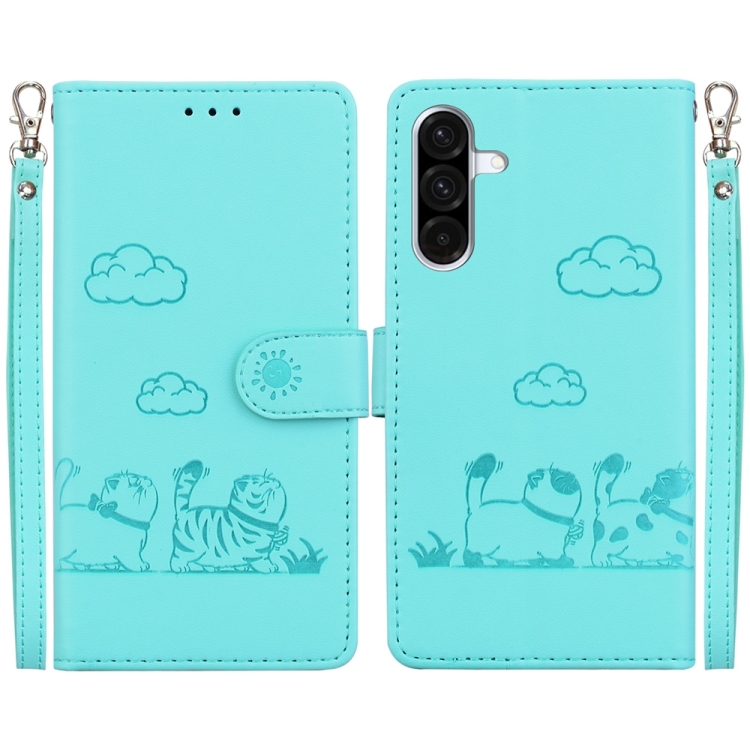 BookCover Hoes Etui voor Samsung Galaxy A16  -  A26   -  Turquoise  -  Cartoon Cats  - Reliëf